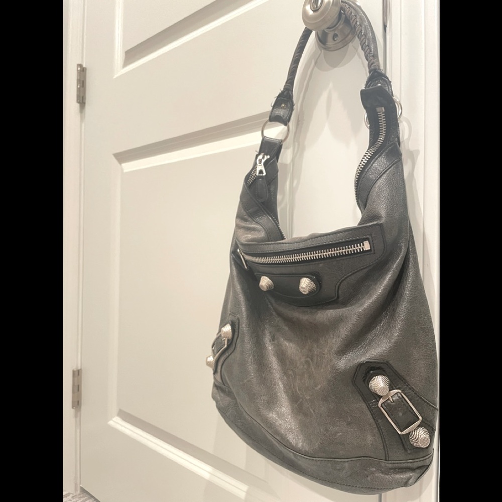 BALENCIAGA Hobo Bag, Black leather w/Silver detail